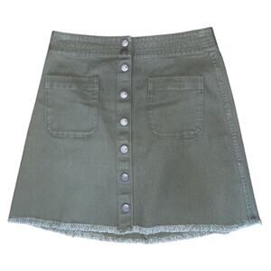 Madewell Denim Skirt Army Green Button Down Mini Frayed Hem, Size 2